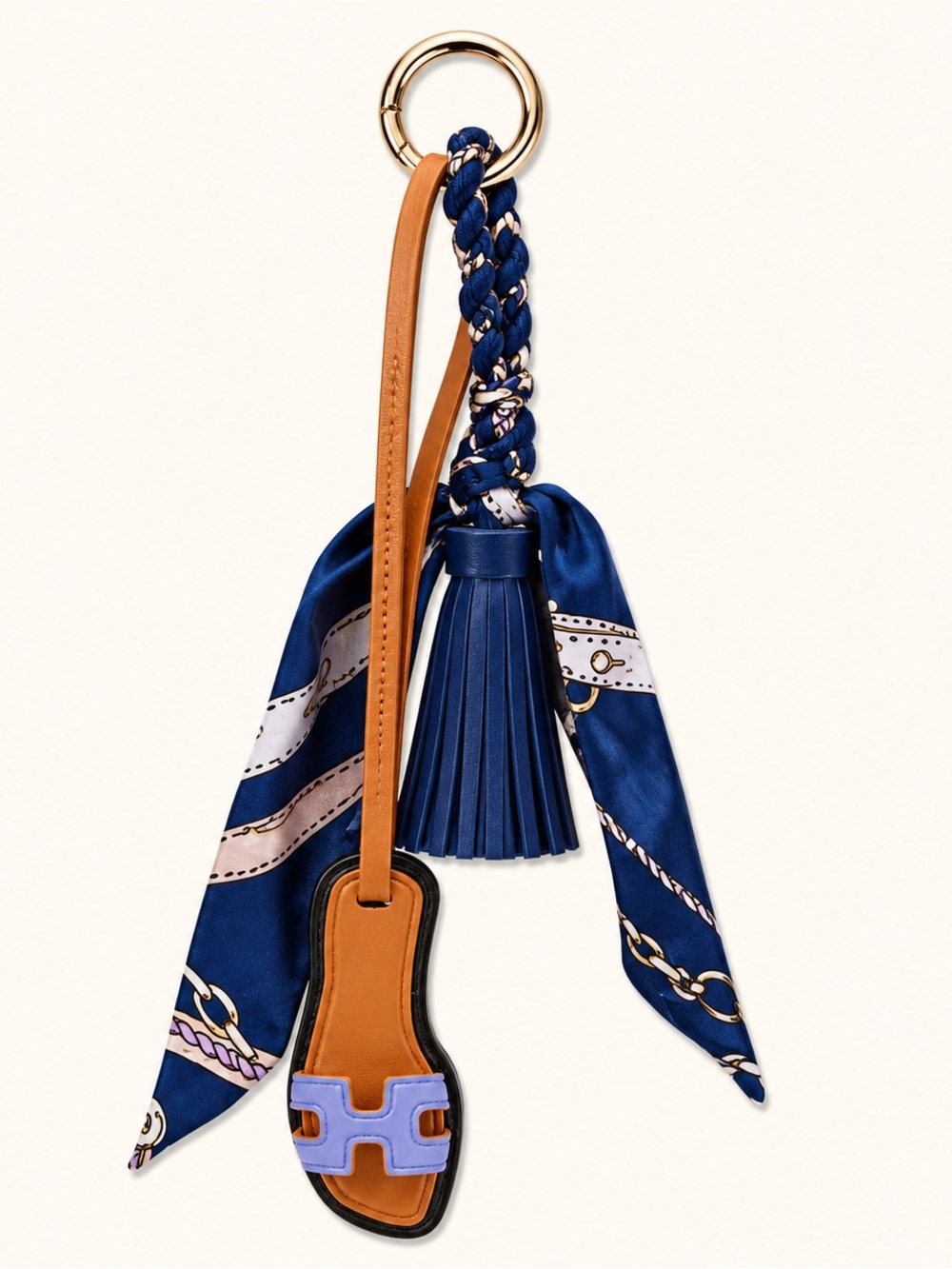 Leather Tassel & Scarf Keychain in Navy and Tan